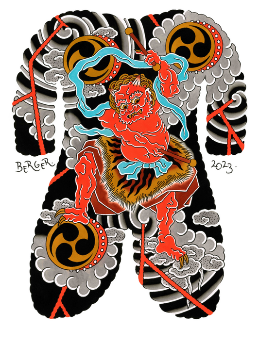 Watercolour and ink painting of Raijin, the god of thunder, beating his taiko drums. Depicted on an irezumi backpiece, surrounded by clouds, wind and lightning.